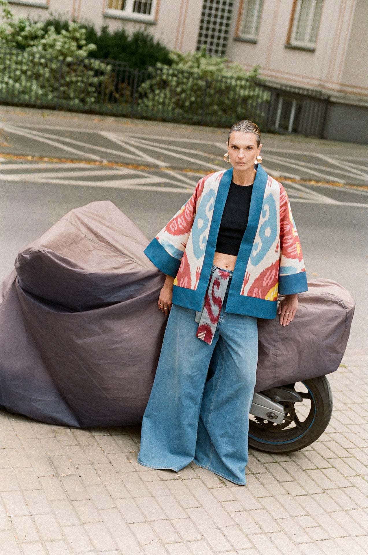 Karina luxury ikat cotton coat by Aleksandra Viktor — handwoven short coat in traditional Central Asian pattern