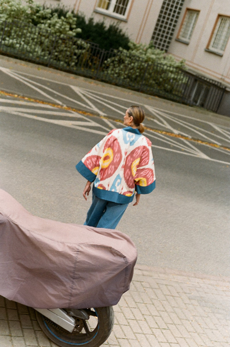 Karina short coat back view — Aleksandra Viktor bespoke handwoven ikat coat
