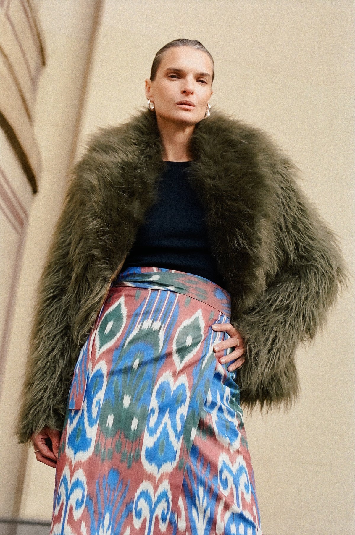 Maja luxury ikat silk wrap skirt by Aleksandra Viktor — handwoven in traditional Central Asian pattern