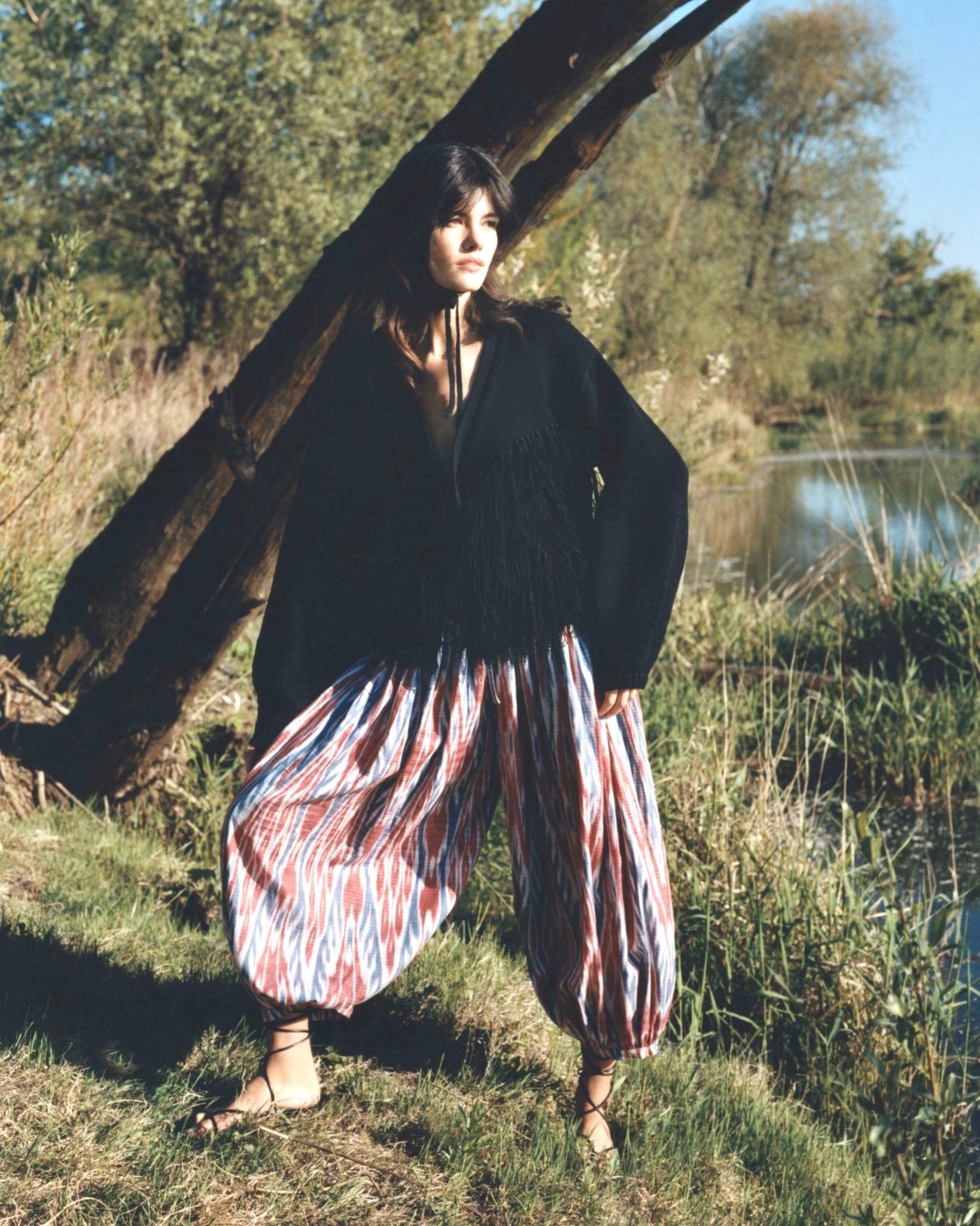 Arianna trousers front view — Aleksandra Viktor exclusively tailored ikat silk wide leg trousers