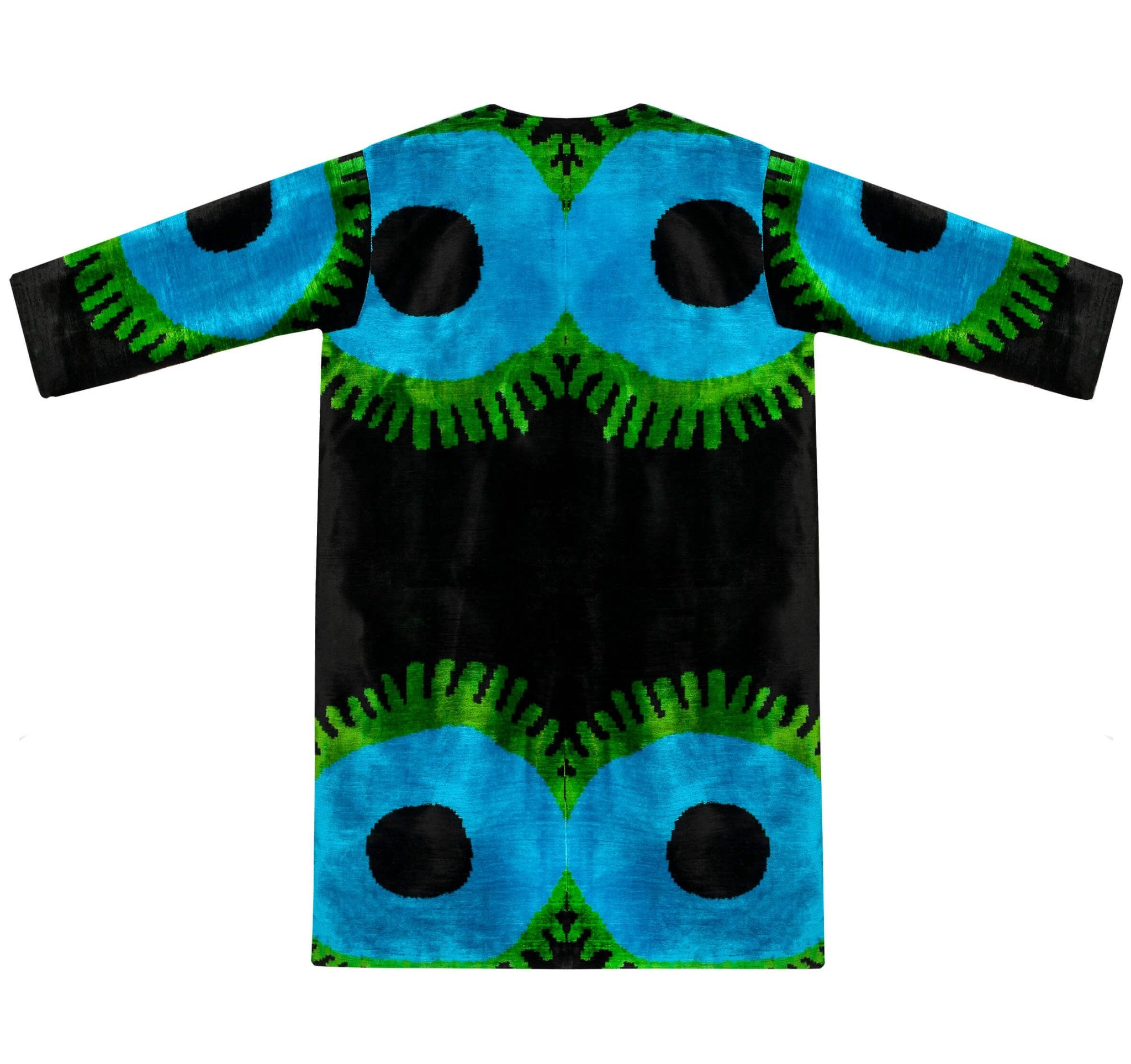 Deborah velvet silk coat close-up back view — double ikat weaving detail by Aleksandra Viktor master artisans in Uzbekistan