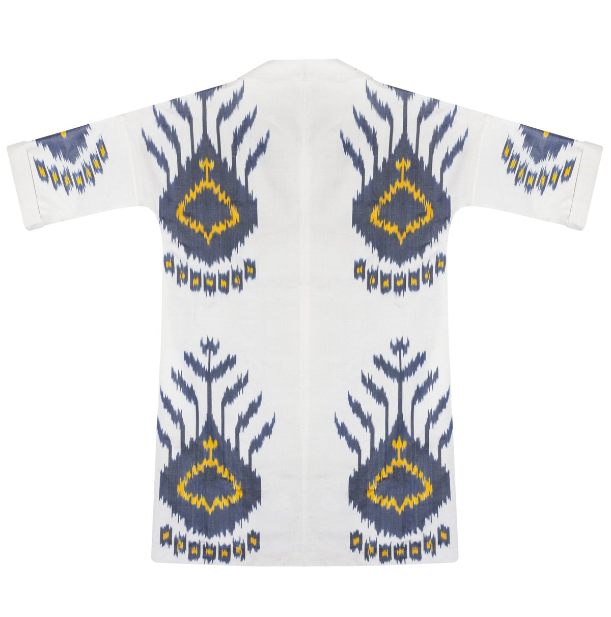 Tatjana silk coat flat lay back — Aleksandra Viktor luxury ikat coat in 50% silk and 50% cotton on white background