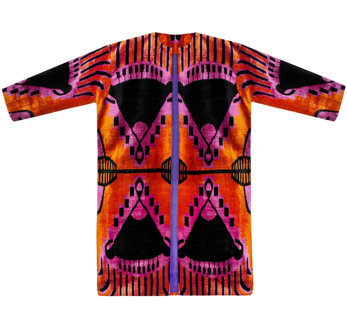 Anushka velvet silk coat close-up front view — double ikat weaving detail by Aleksandra Viktor master artisans in Uzbekistan