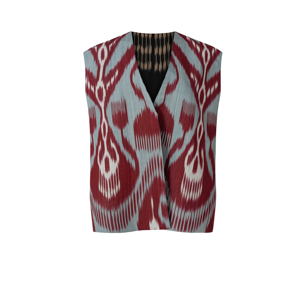Theresa vest layered look — Aleksandra Viktor handloom woven silk vest styled with ikat separates