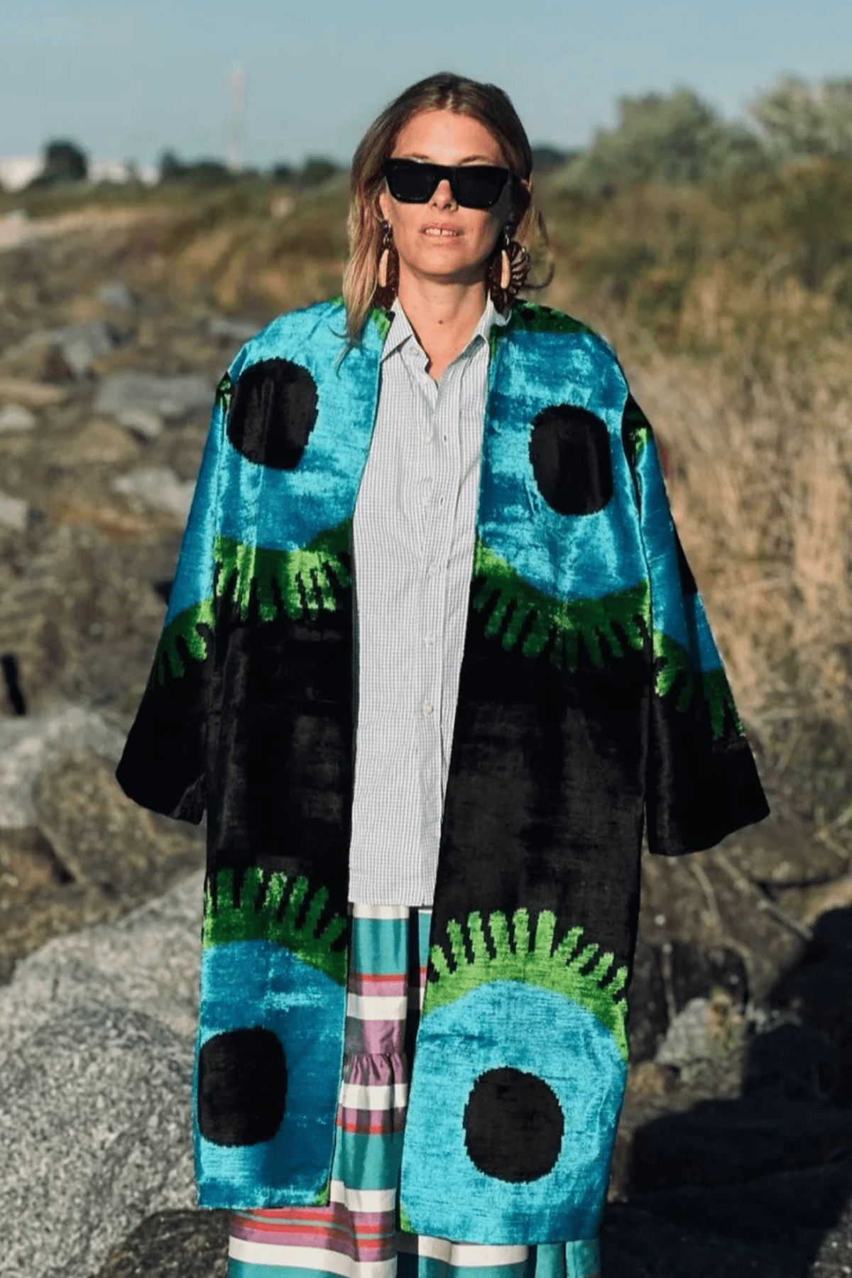 Deborah velvet silk coat front view — Aleksandra Viktor exclusively tailored ikat velvet outerwear