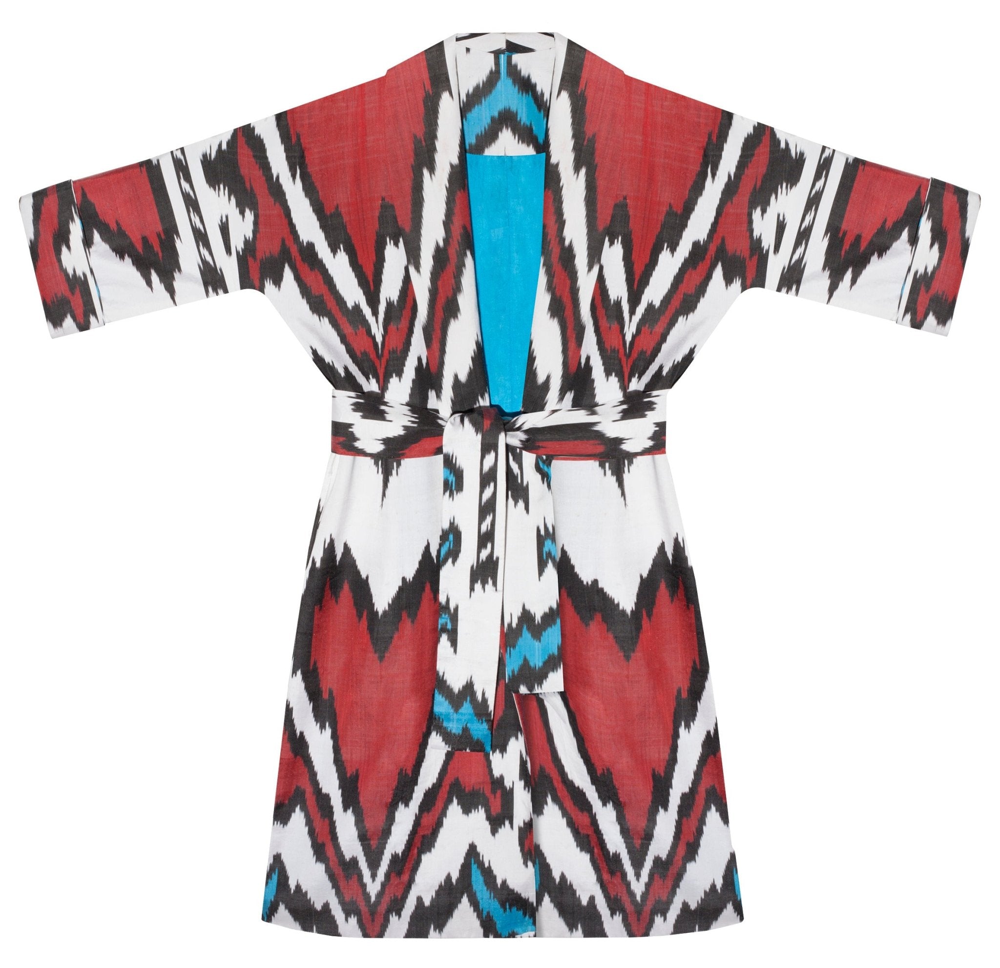 Nela silk coat full length front view with belt — Aleksandra Viktor sustainably handcrafted luxury ikat garment