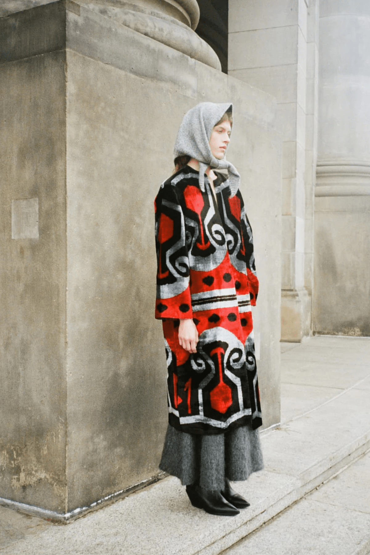 Golda velvet silk coat by Aleksandra Viktor — handwoven luxury ikat velvet coat in 80% silk and 20% cotton