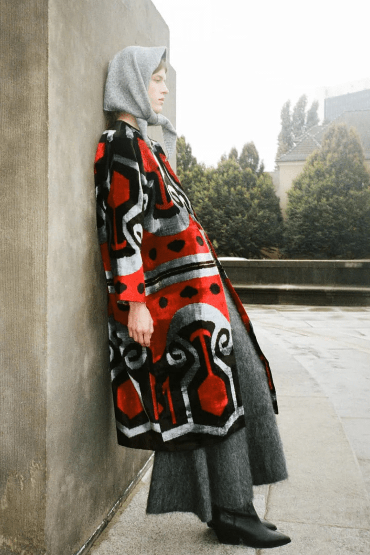 Anushka velvet silk coat side view — Aleksandra Viktor luxury ikat velvet coat in natural dyed silk