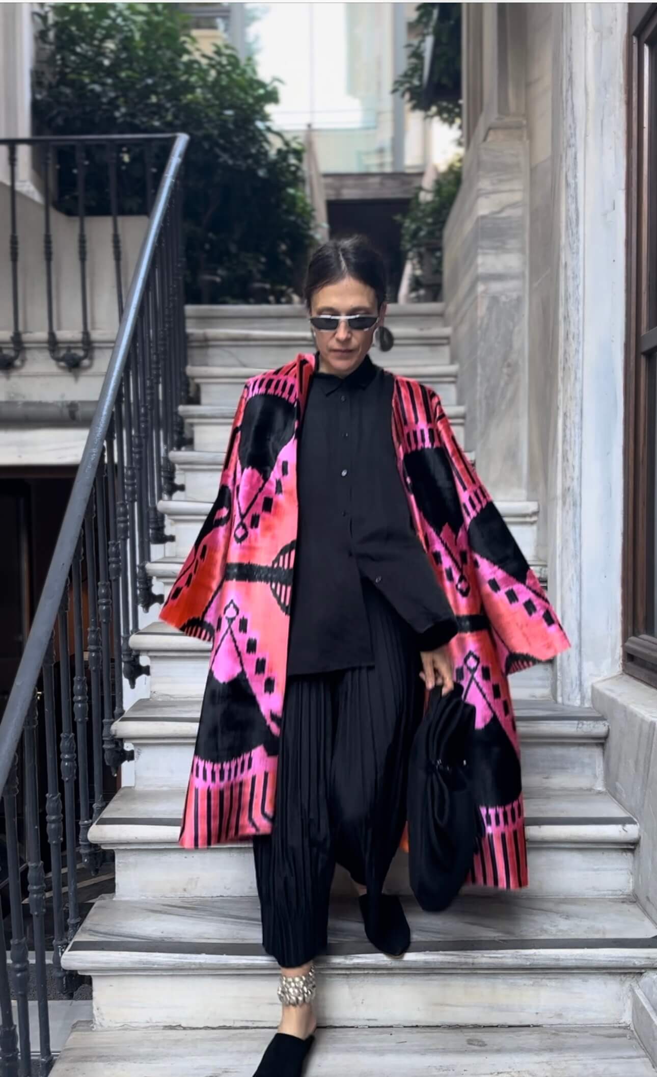 Anushka velvet silk coat front view — Aleksandra Viktor exclusively tailored ikat velvet outerwear