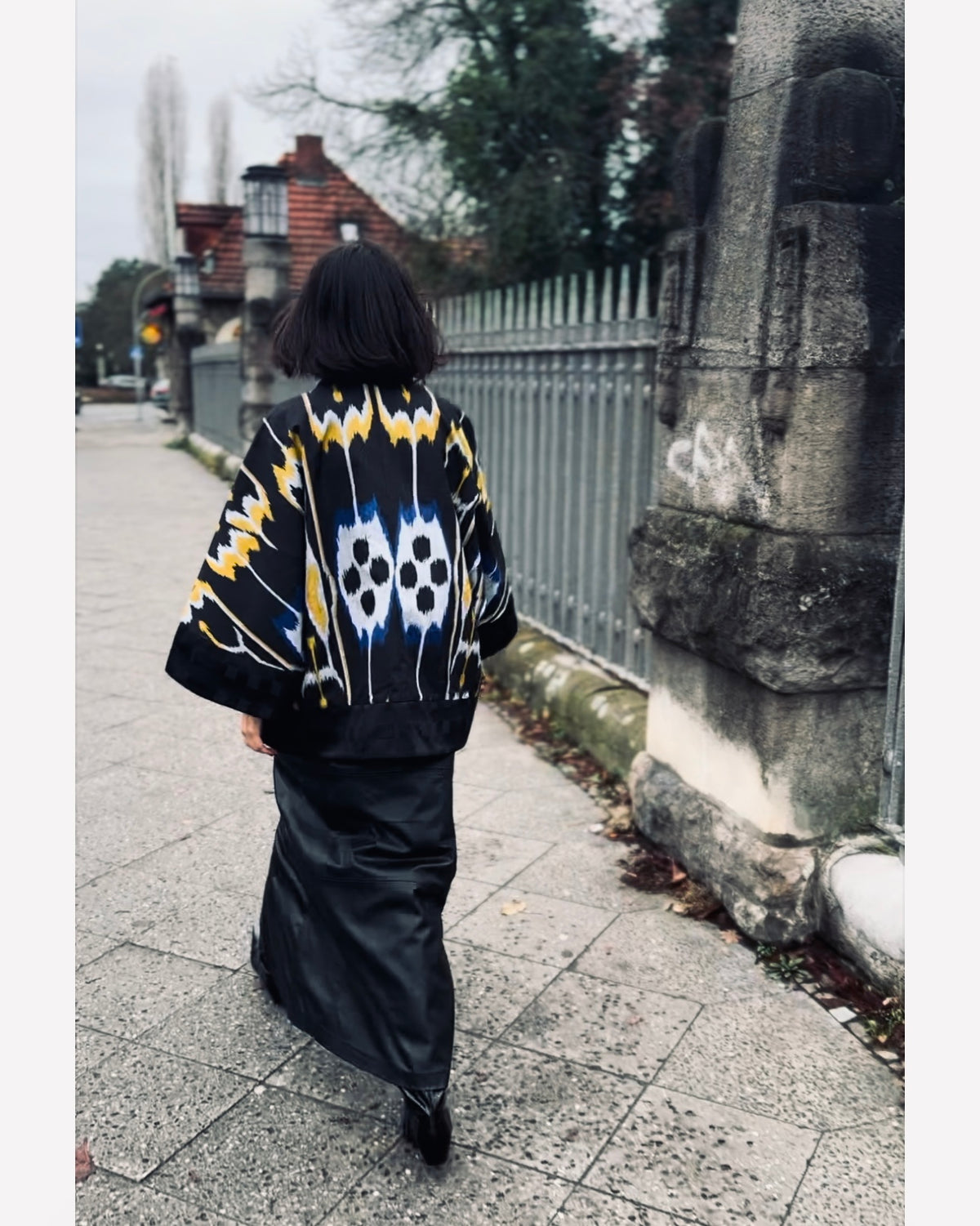 Zuza short coat back view — Aleksandra Viktor bespoke handwoven ikat coat with silk lining
