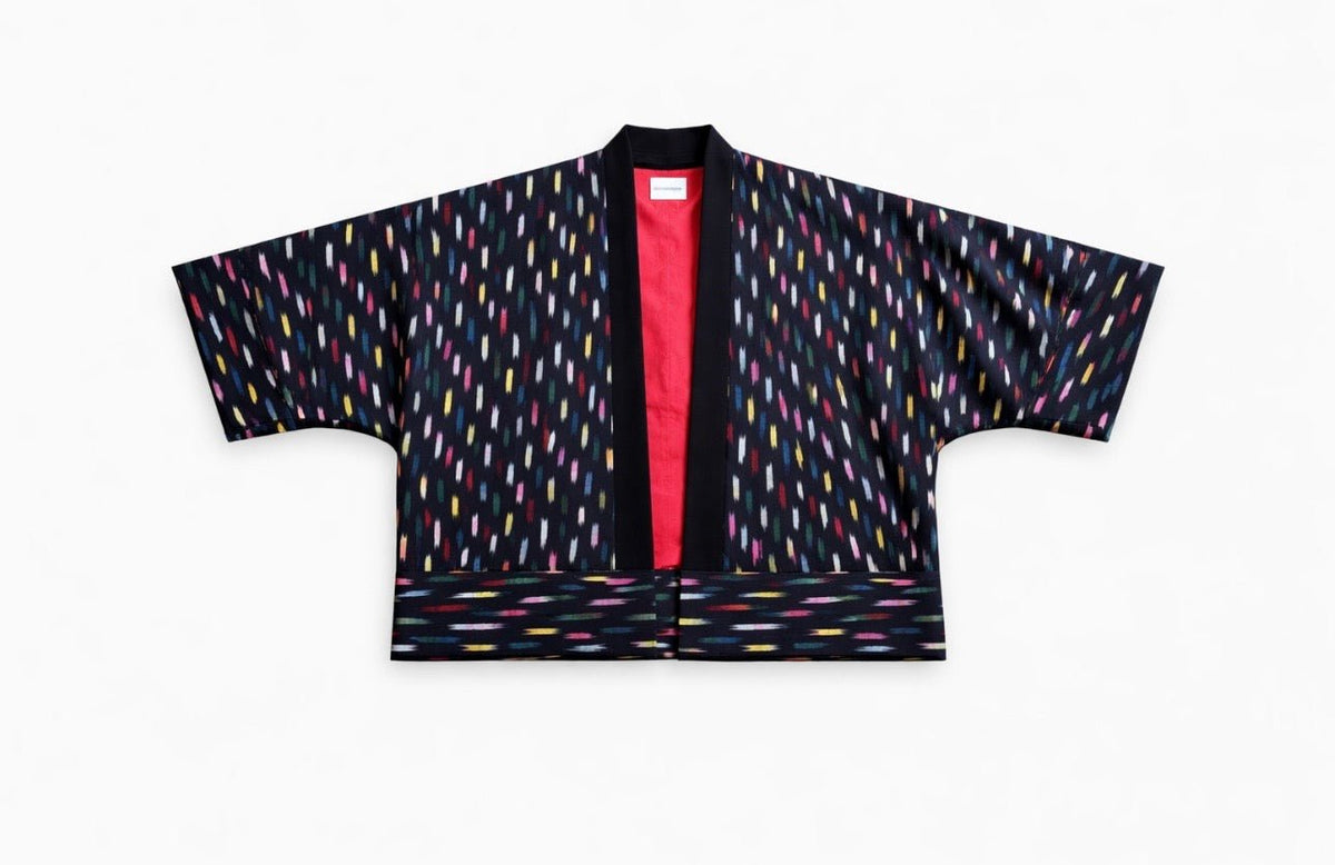 Isabella Short Coat flat lay — handwoven ikat short coat by Aleksandra Viktor