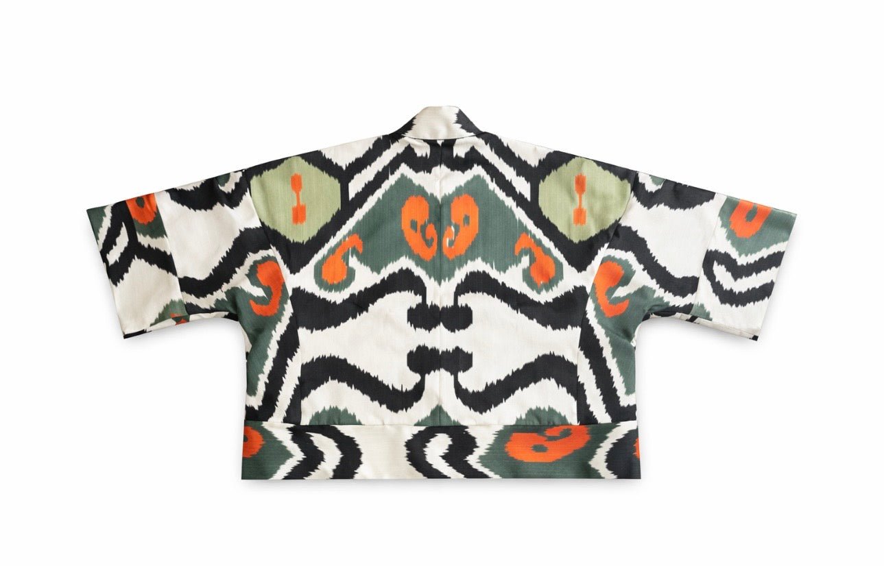 Sandra Short Coat flat lay back view — handwoven ikat cotton short coat by Aleksandra Viktor