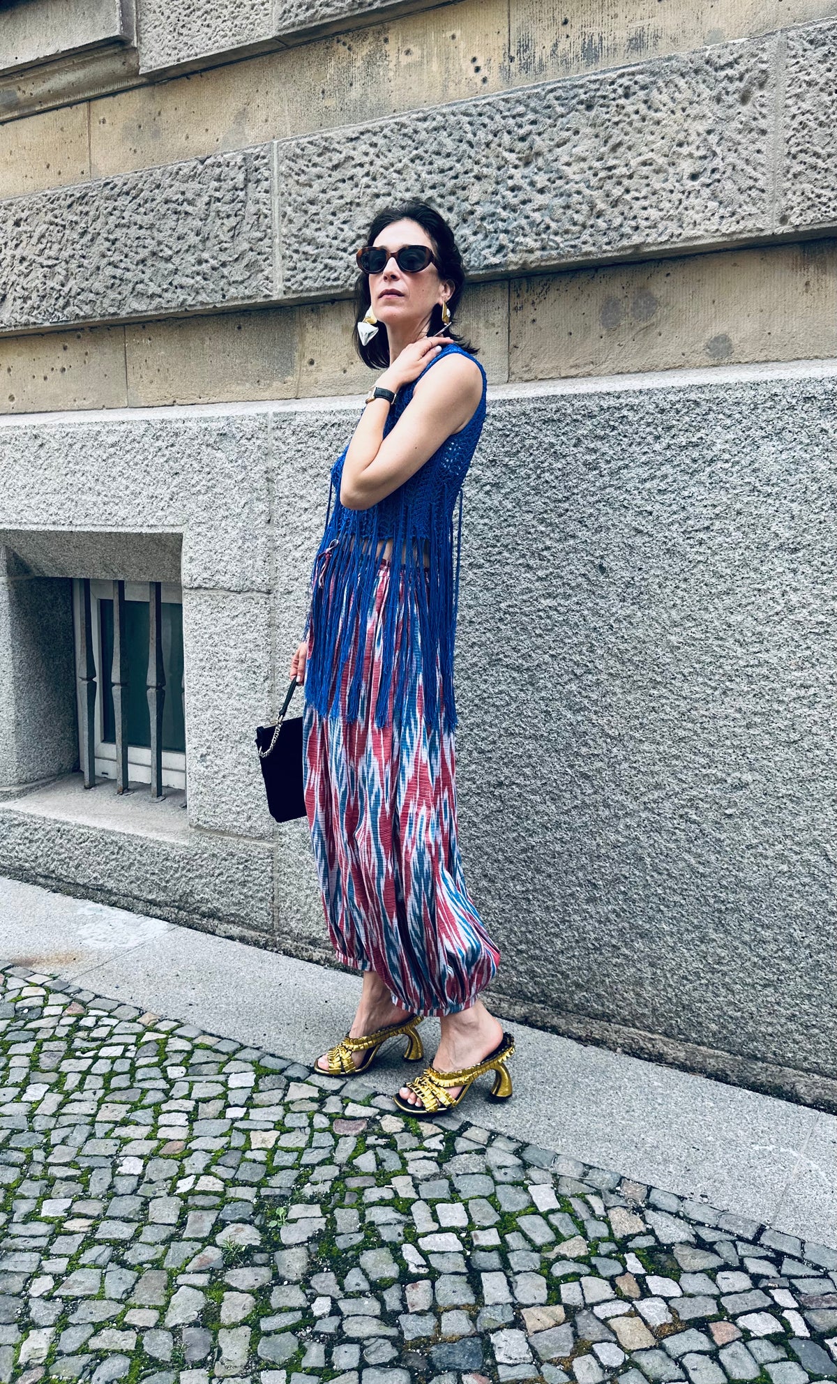 Arianna luxury ikat cotton trousers by Aleksandra Viktor — handwoven wide leg in traditional Central Asian pattern