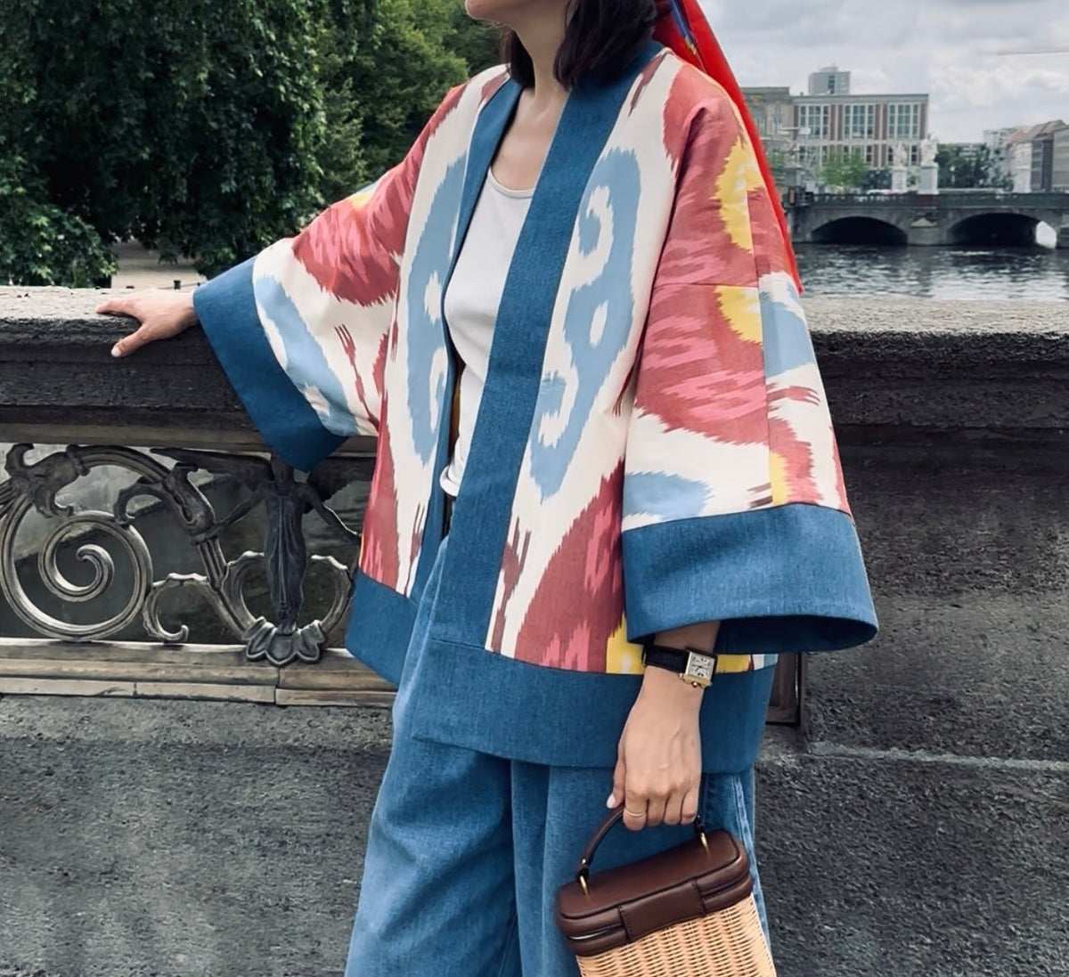 Karina short coat close-up — double ikat weaving detail by Aleksandra Viktor master artisans