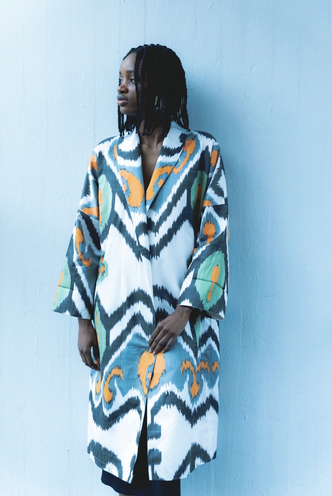 Katharina Luxury Ikat Silk Coat — Handwoven with Matching Belt