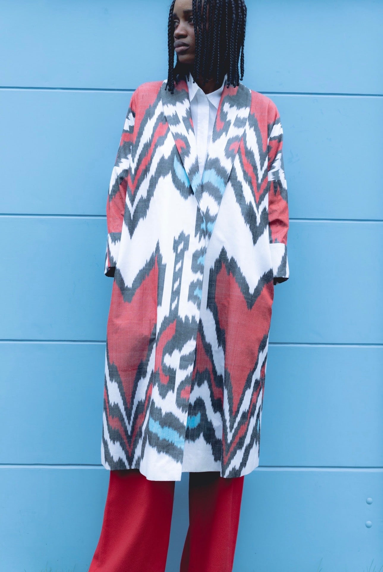 Nela Luxury Ikat Silk Coat — Handwoven with Matching Belt
