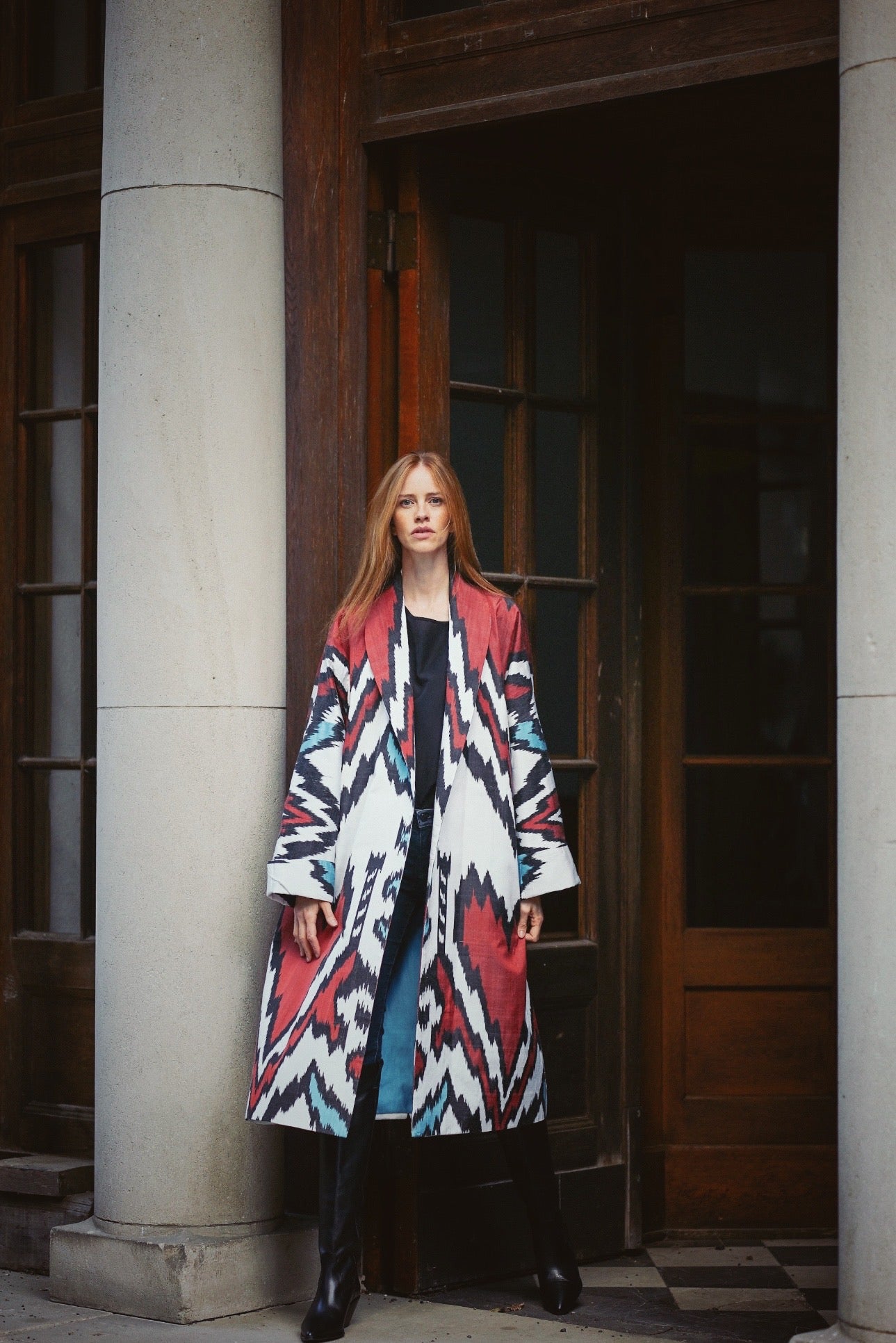 Nela Luxury Ikat Silk Coat — Handwoven with Matching Belt