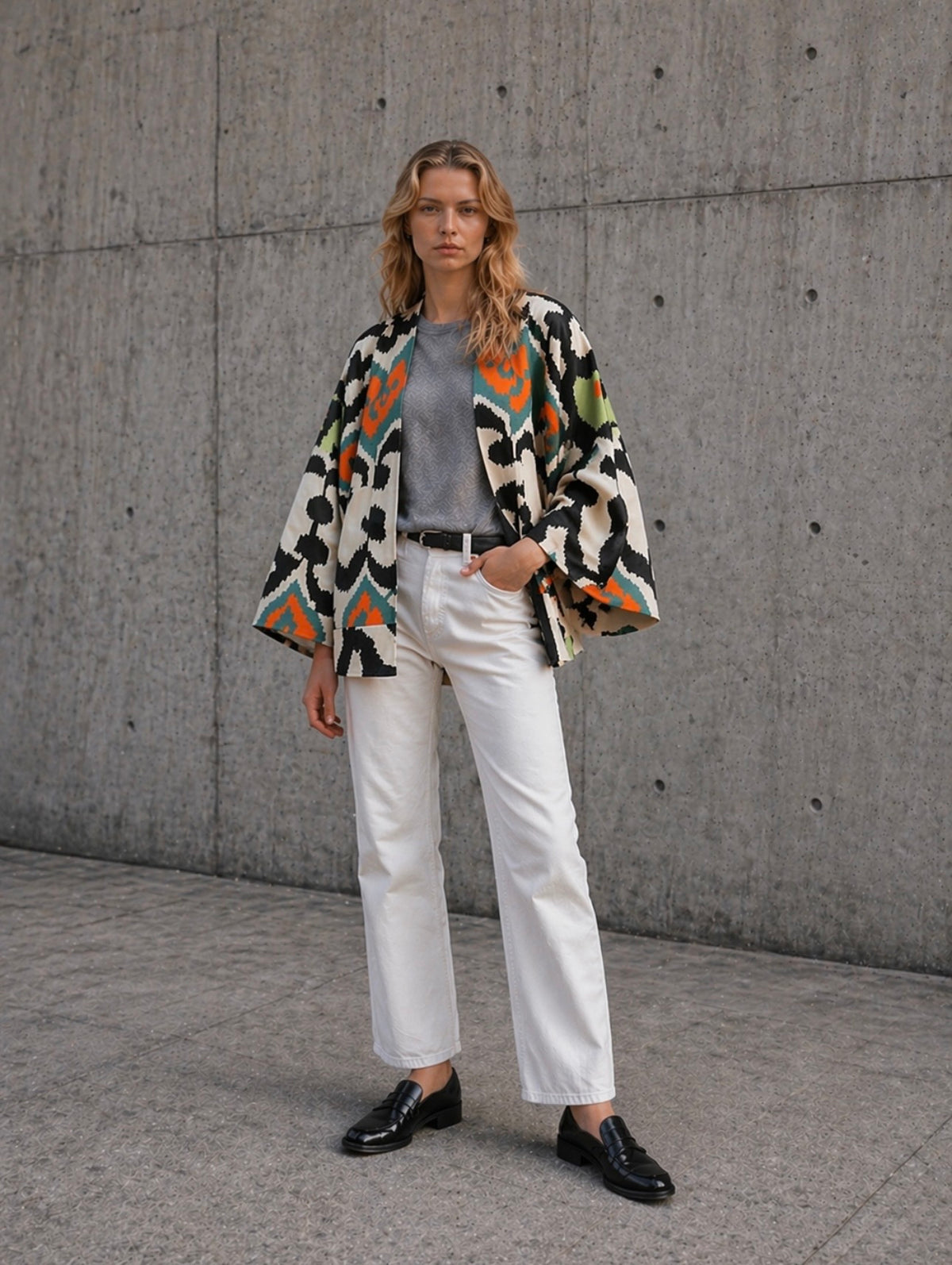 Sandra Short Coat front view — handwoven ikat short coat by Aleksandra Viktor