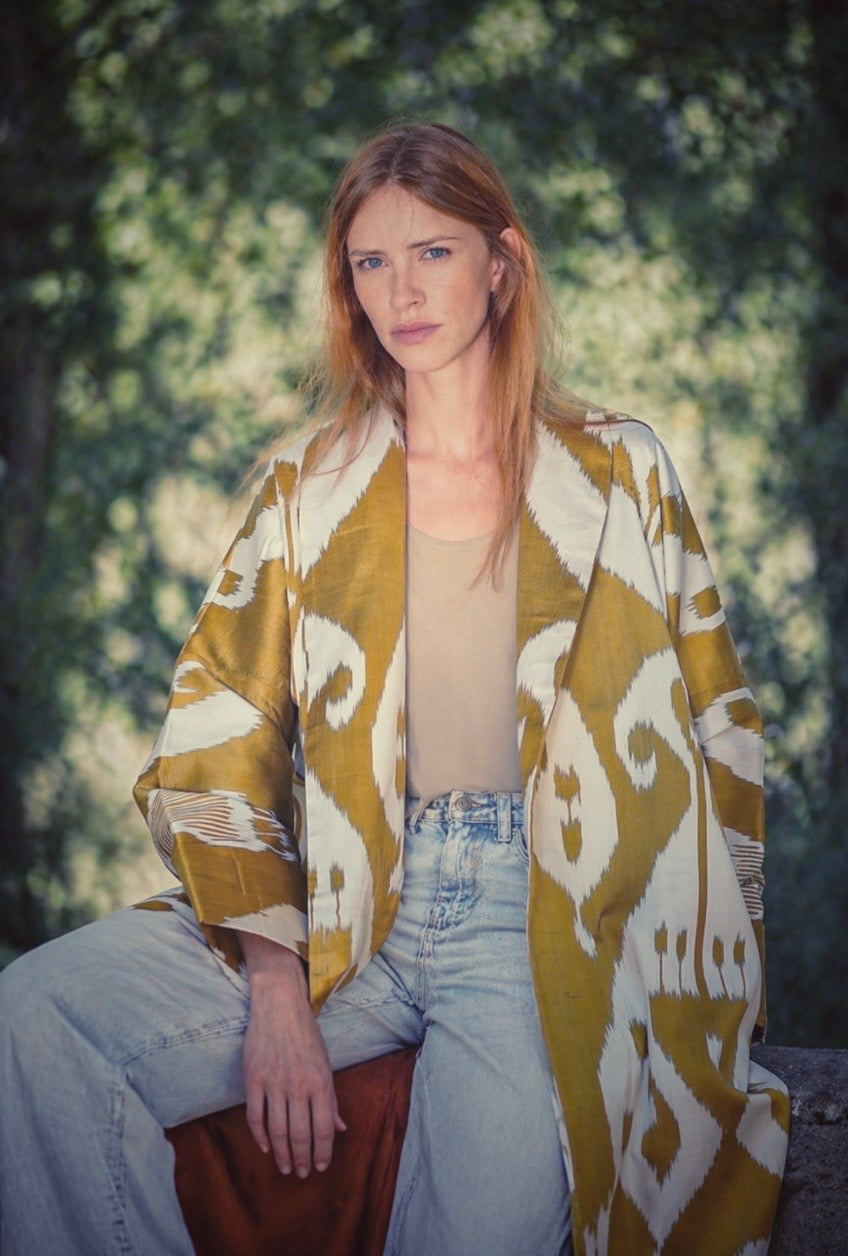 Marta Luxury Ikat Silk Coat — Handwoven with Matching Belt