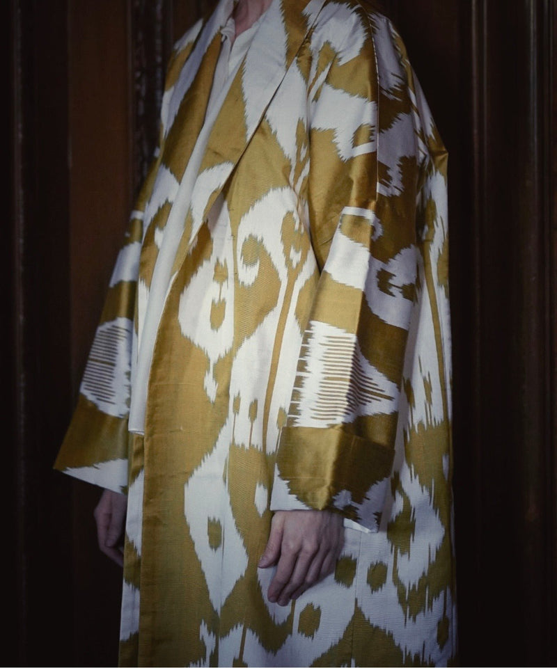 Marta luxury ikat silk coat detail view — Aleksandra Viktor bespoke handwoven silk coat with intricate ikat weaving