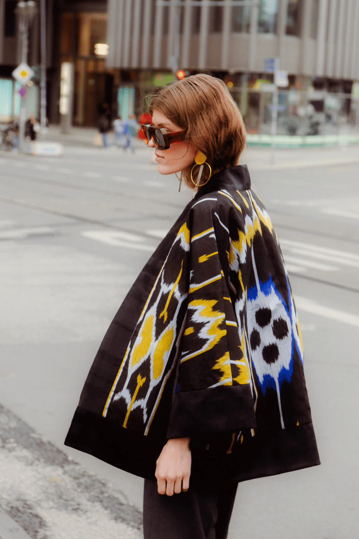 Zuza short coat by Aleksandra Viktor — handwoven luxury ikat silk and cotton coat in traditional Central Asian pattern