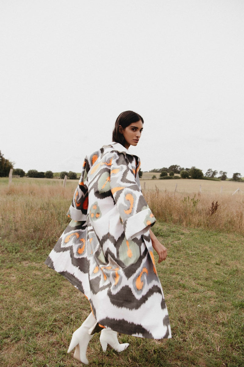 Katharina silk coat side view — Aleksandra Viktor bespoke handwoven ikat coat with silk lining