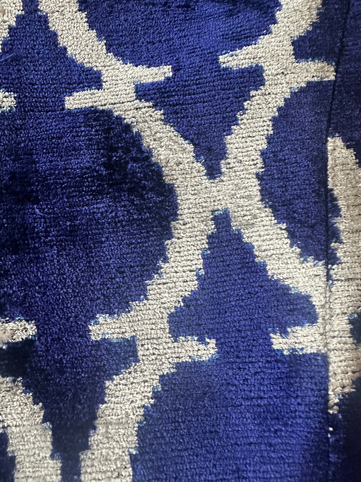 Eva ikat velvet silk jacket fabric close-up — handwoven royal blue silk velvet pile with ecru lattice