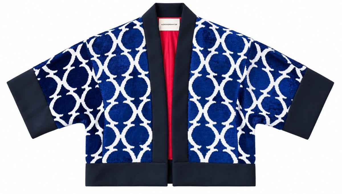 Eva ikat velvet silk jacket flat lay — royal blue velvet ikat with white lattice, navy trim and red lining, Aleksandra Viktor