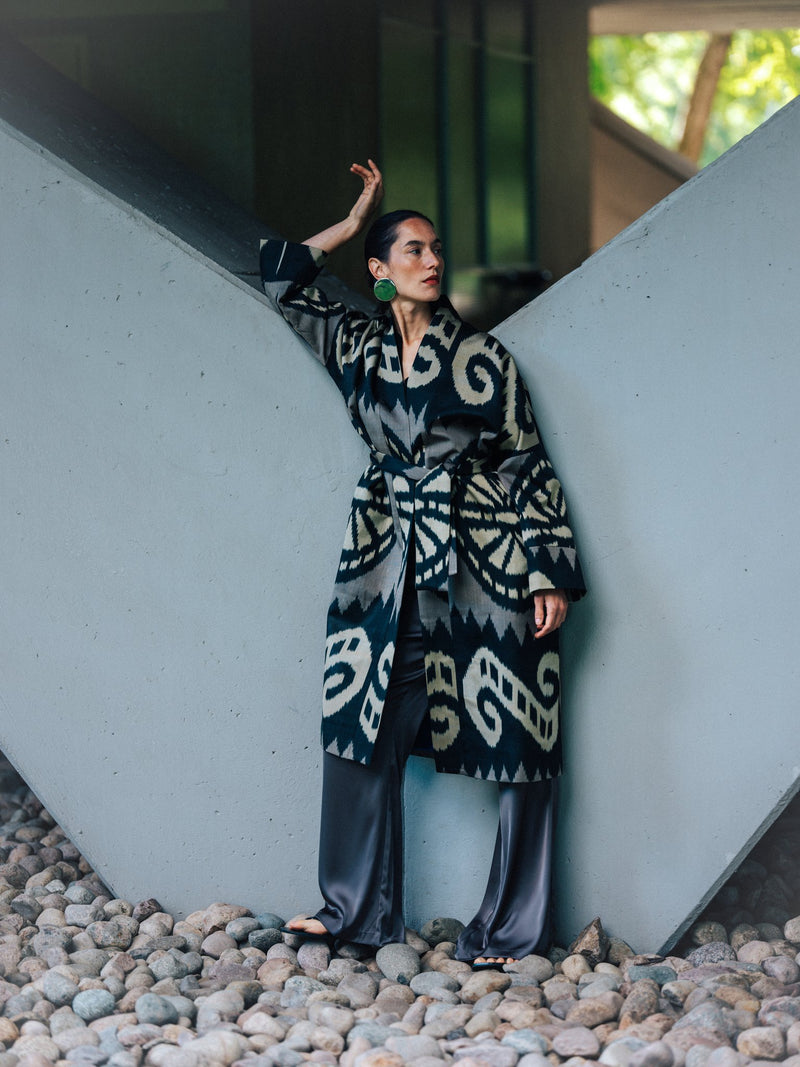 Laura ikat coat by Aleksandra Viktor — handwoven Uzbek ikat in black, ecru and grey, belted kimono-style coat