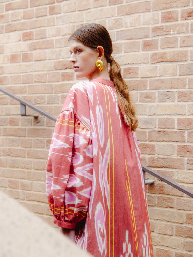 Sophie dress back view — Aleksandra Viktor bespoke handwoven ikat dress in natural dyed silk