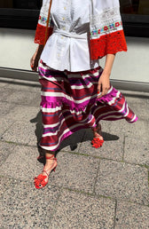 Jenna skirt worn front — model wearing Aleksandra Viktor exclusively tailored luxury silk ikat skirt