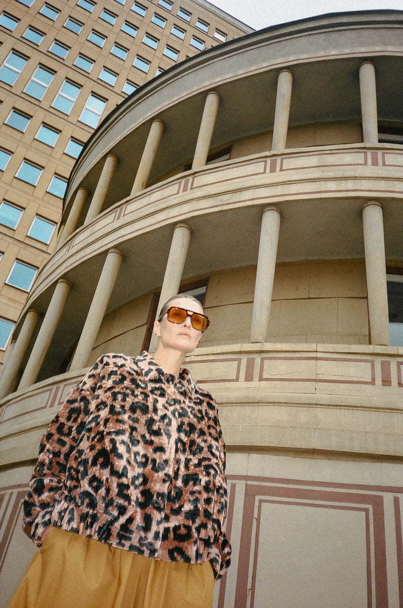 Magda luxury ikat bomber jacket by Aleksandra Viktor — handwoven velvet silk with leopard pattern
