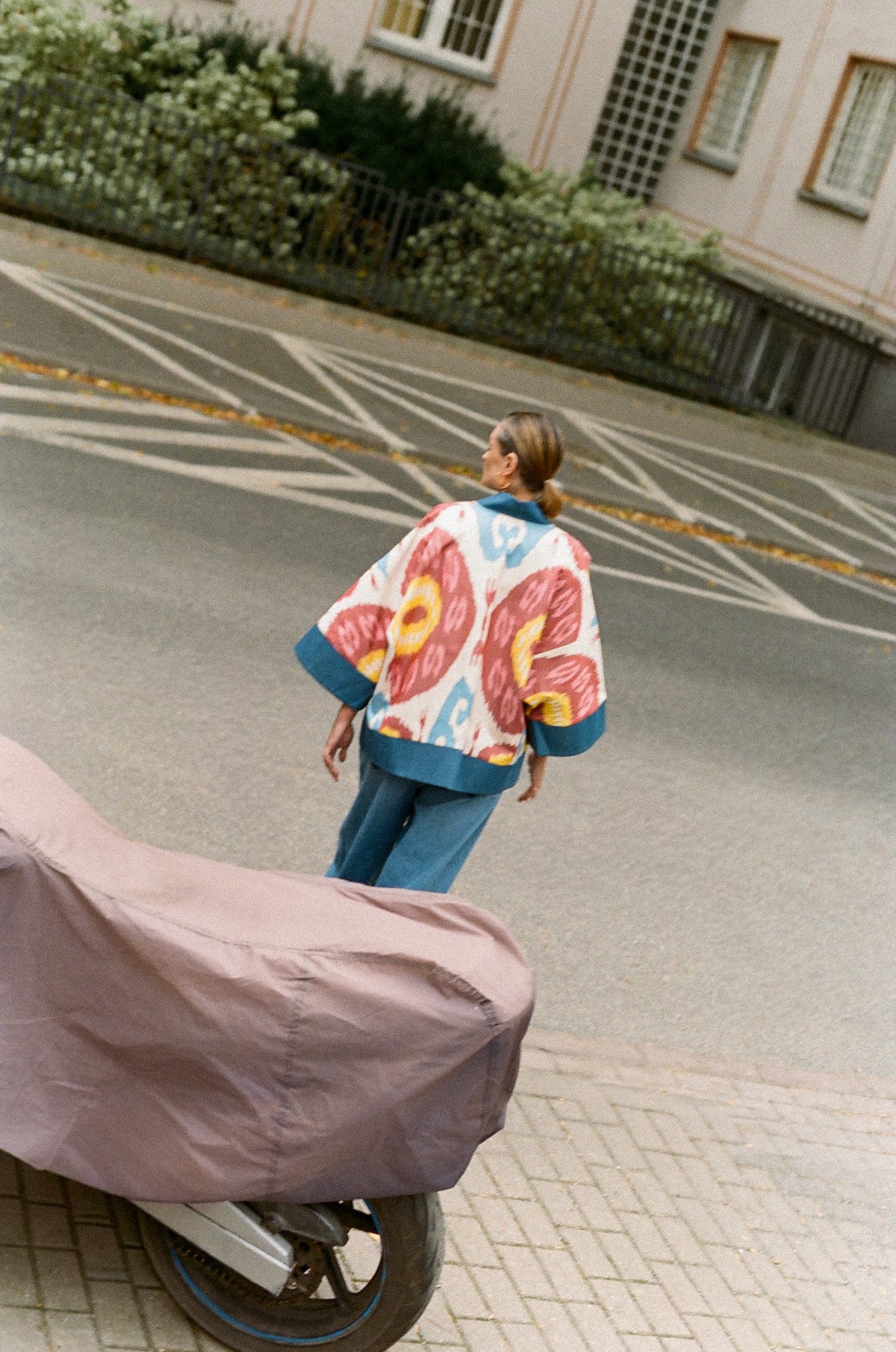 Karina short coat back view — Aleksandra Viktor bespoke handwoven ikat coat