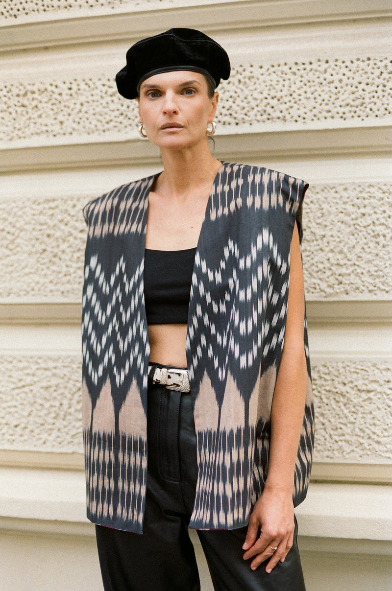 Theresa vest fabric detail — natural mordant dyed silk ikat by Aleksandra Viktor