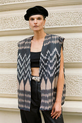 Theresa vest fabric detail — natural mordant dyed silk ikat by Aleksandra Viktor