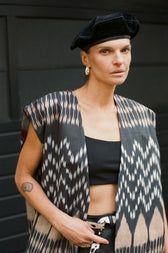 Theresa vest close-up — double ikat weaving detail by Aleksandra Viktor master artisans