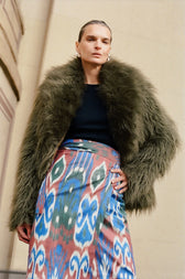 Maja luxury ikat silk wrap skirt by Aleksandra Viktor — handwoven in traditional Central Asian pattern