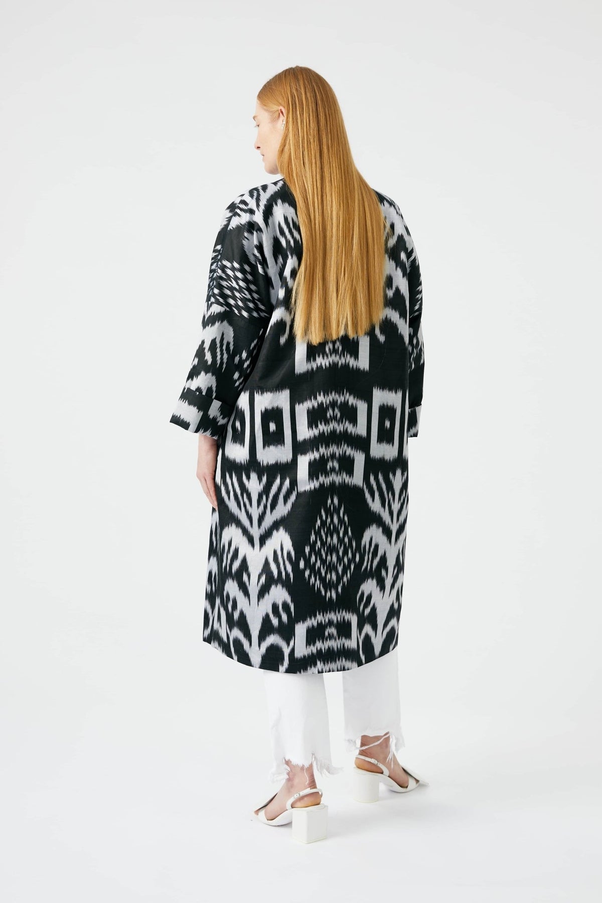 Vida silk coat back view — Aleksandra Viktor luxury ikat coat in natural dyed silk and cotton