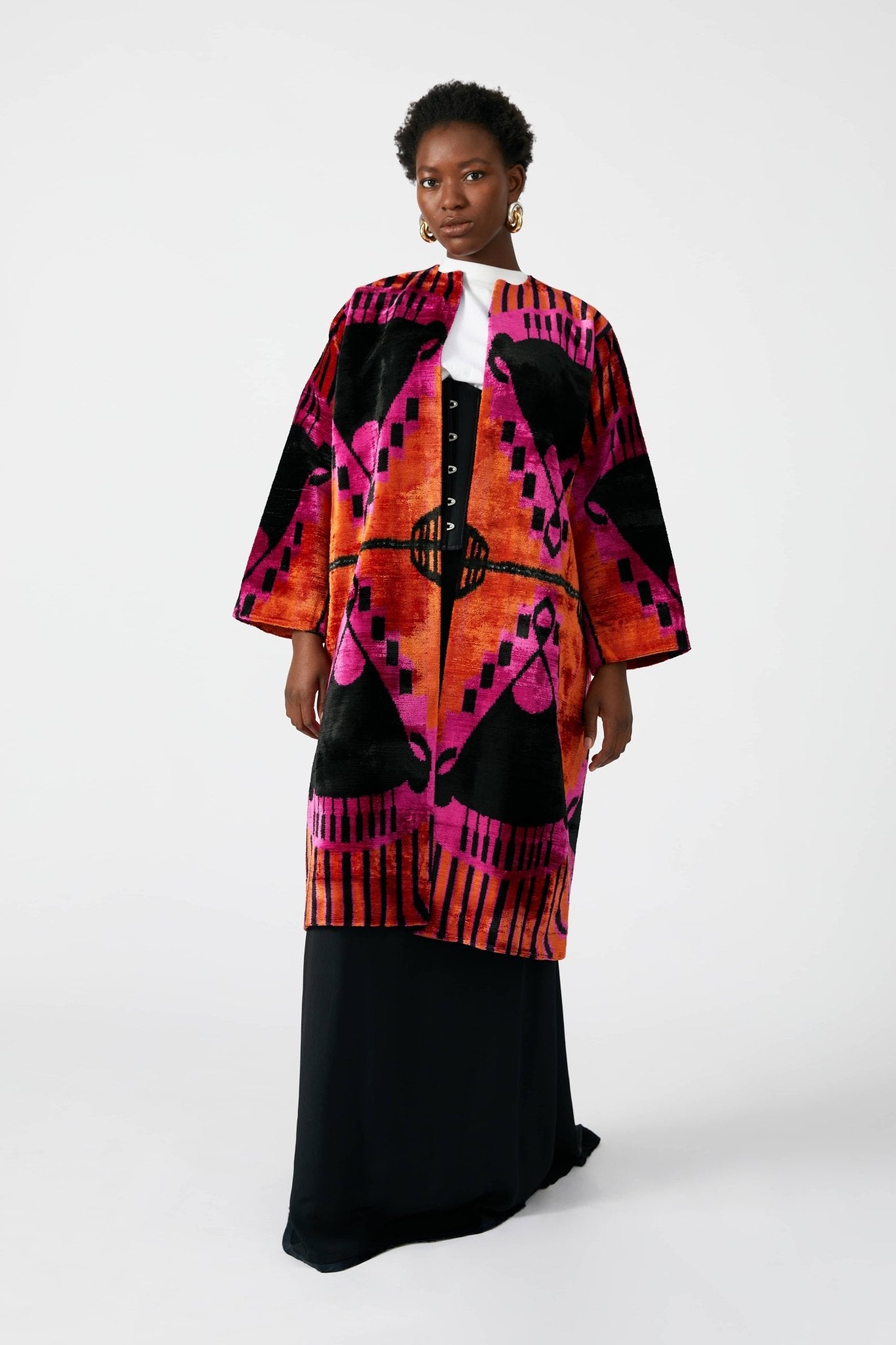 Anushka velvet silk coat by Aleksandra Viktor — handwoven luxury ikat velvet coat in 80% silk and 20% cotton