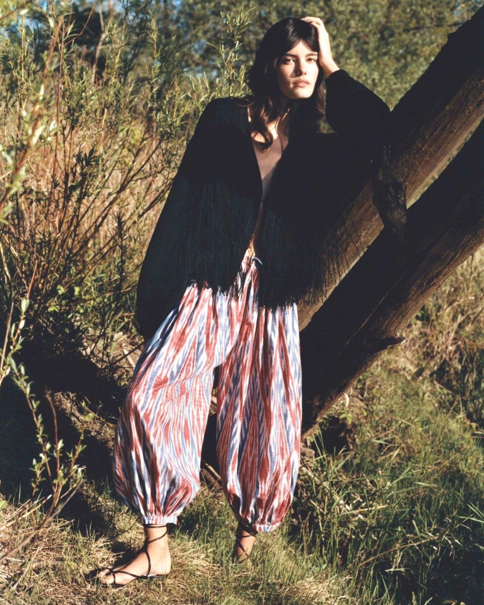 Arianna trousers back view — Aleksandra Viktor bespoke handwoven ikat trousers in natural dyed silk