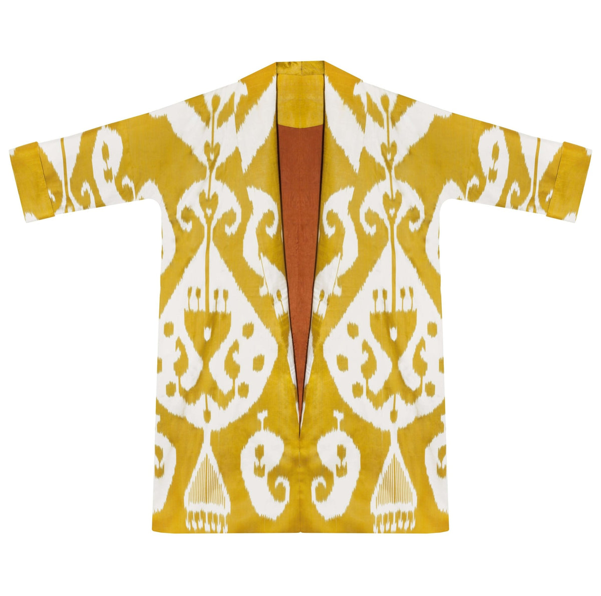 Marta silk coat flat lay front — Aleksandra Viktor luxury ikat coat in 50% silk and 50% cotton on white background