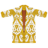 Marta silk coat flat lay front — Aleksandra Viktor luxury ikat coat in 50% silk and 50% cotton on white background