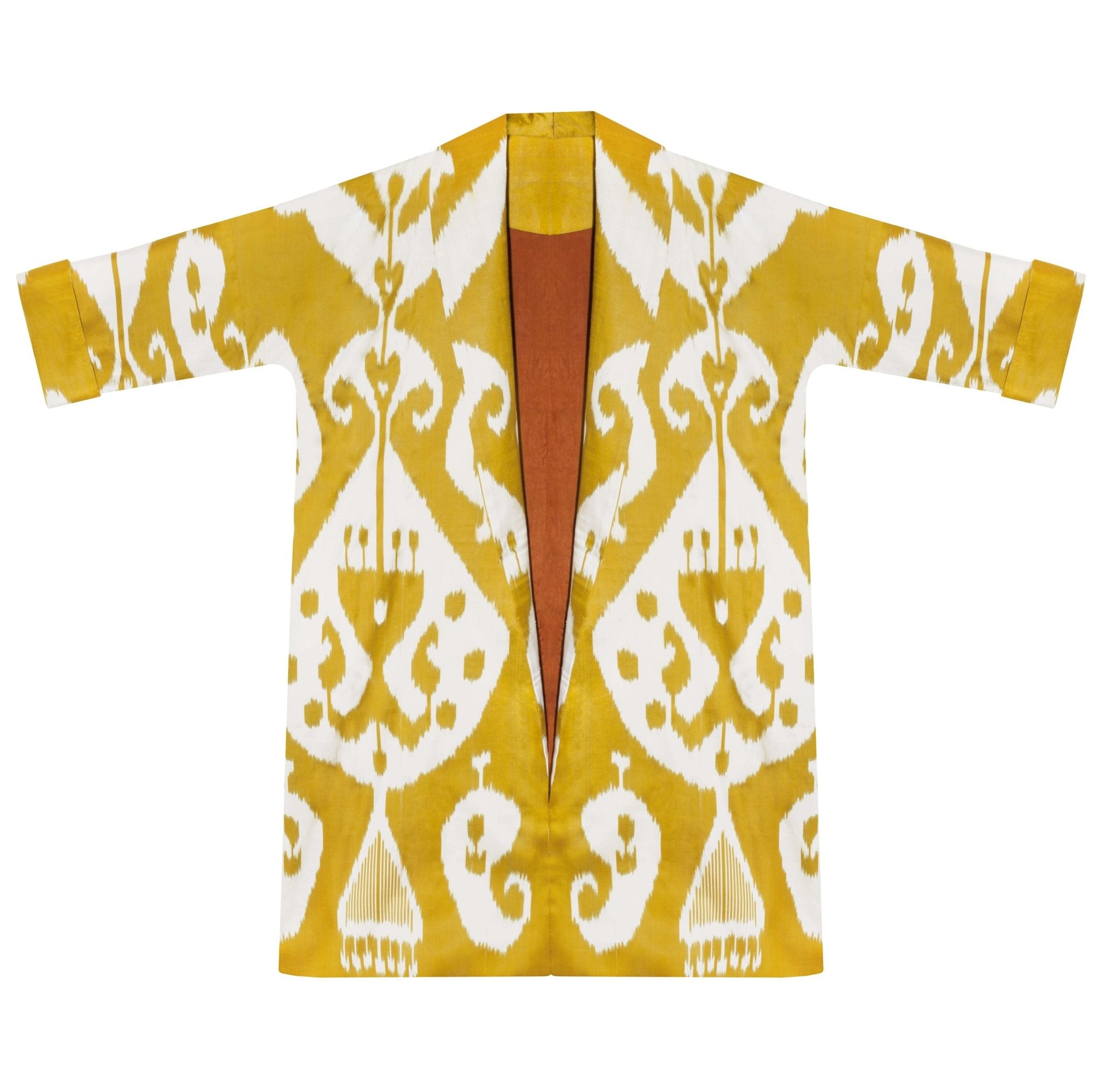 Marta silk coat flat lay front — Aleksandra Viktor luxury ikat coat in 50% silk and 50% cotton on white background