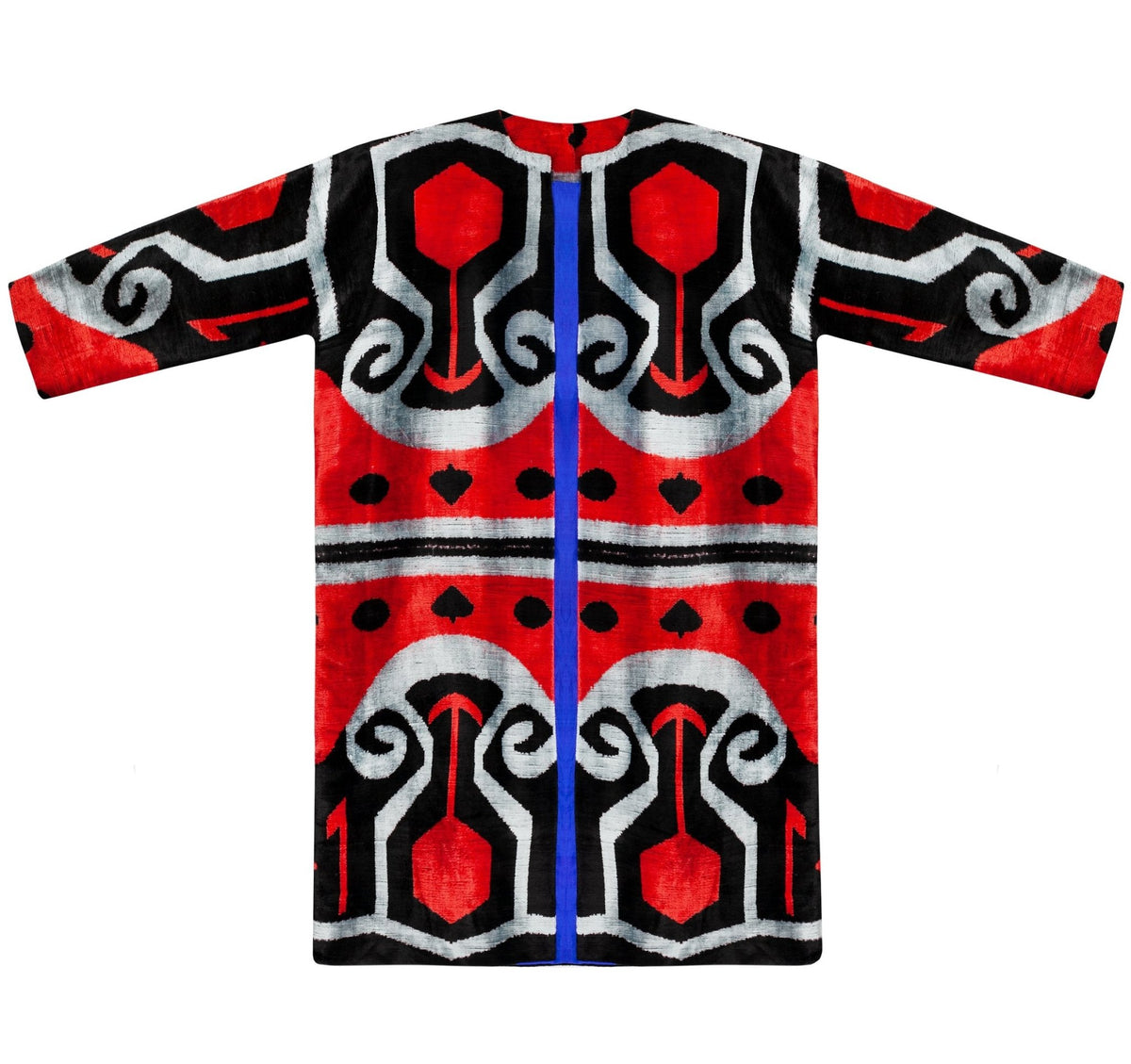 Golda velvet silk coat close up front view — Aleksandra Viktor sustainably handcrafted luxury velvet ikat garment