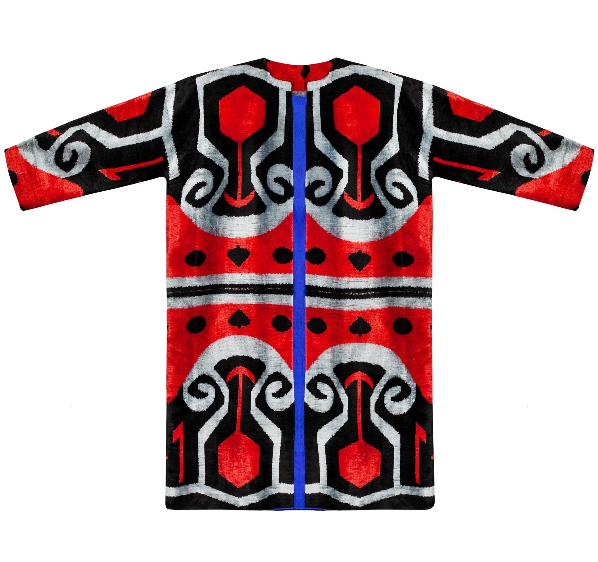 Golda velvet silk coat close up front view — Aleksandra Viktor sustainably handcrafted luxury velvet ikat garment