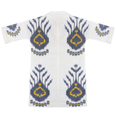 Tatjana silk coat flat lay back — Aleksandra Viktor luxury ikat coat in 50% silk and 50% cotton on white background