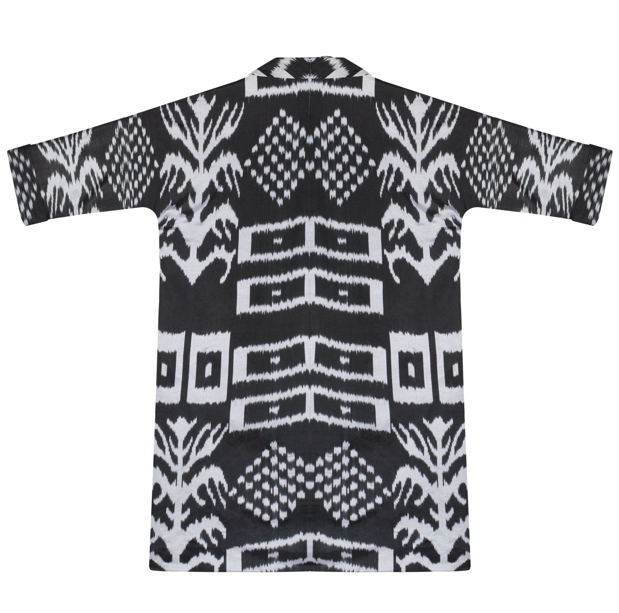 Vida silk coat full length back view — Aleksandra Viktor sustainably handcrafted luxury ikat garment