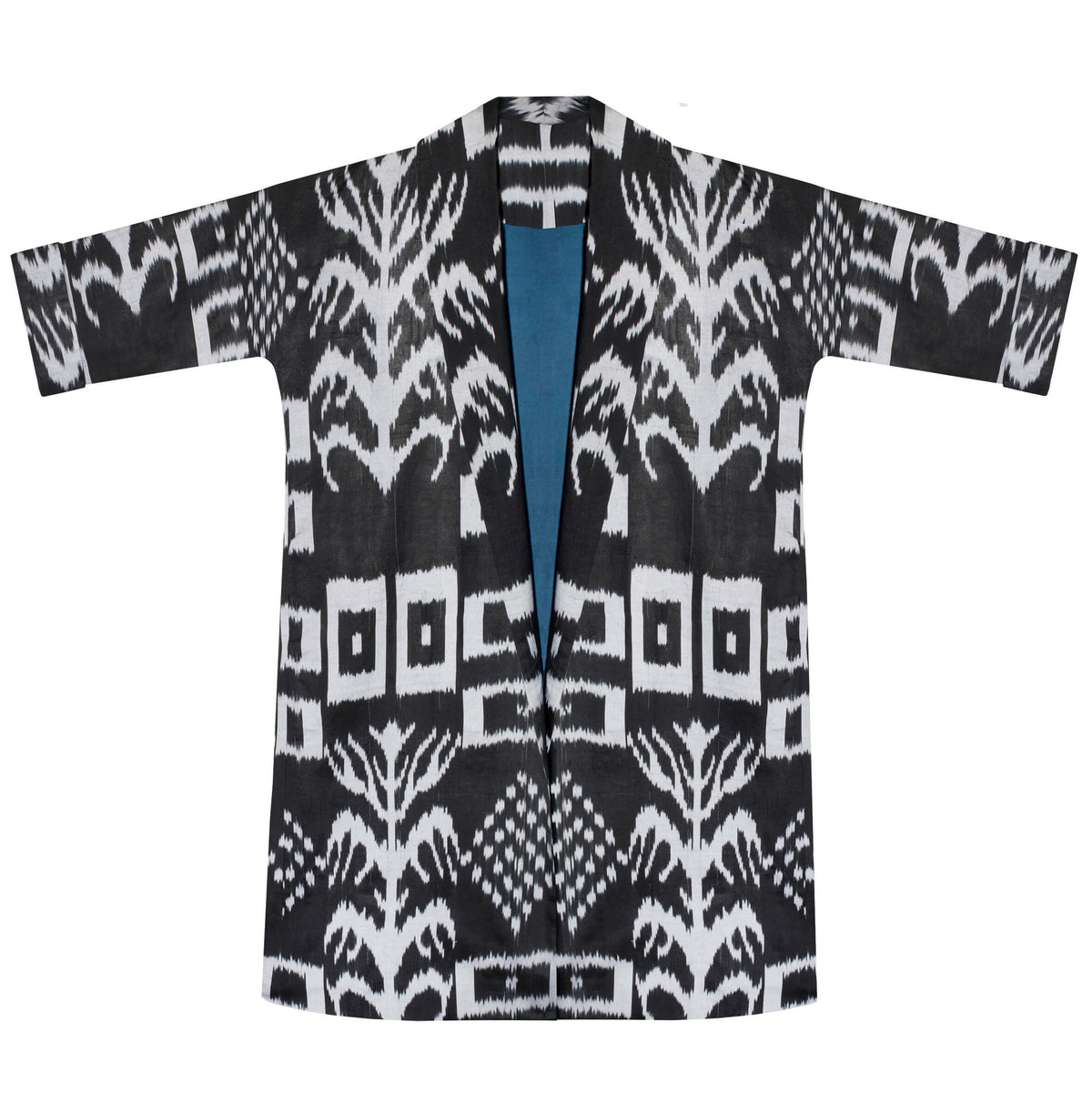 Vida silk coat full length front view — Aleksandra Viktor sustainably handcrafted luxury ikat garment