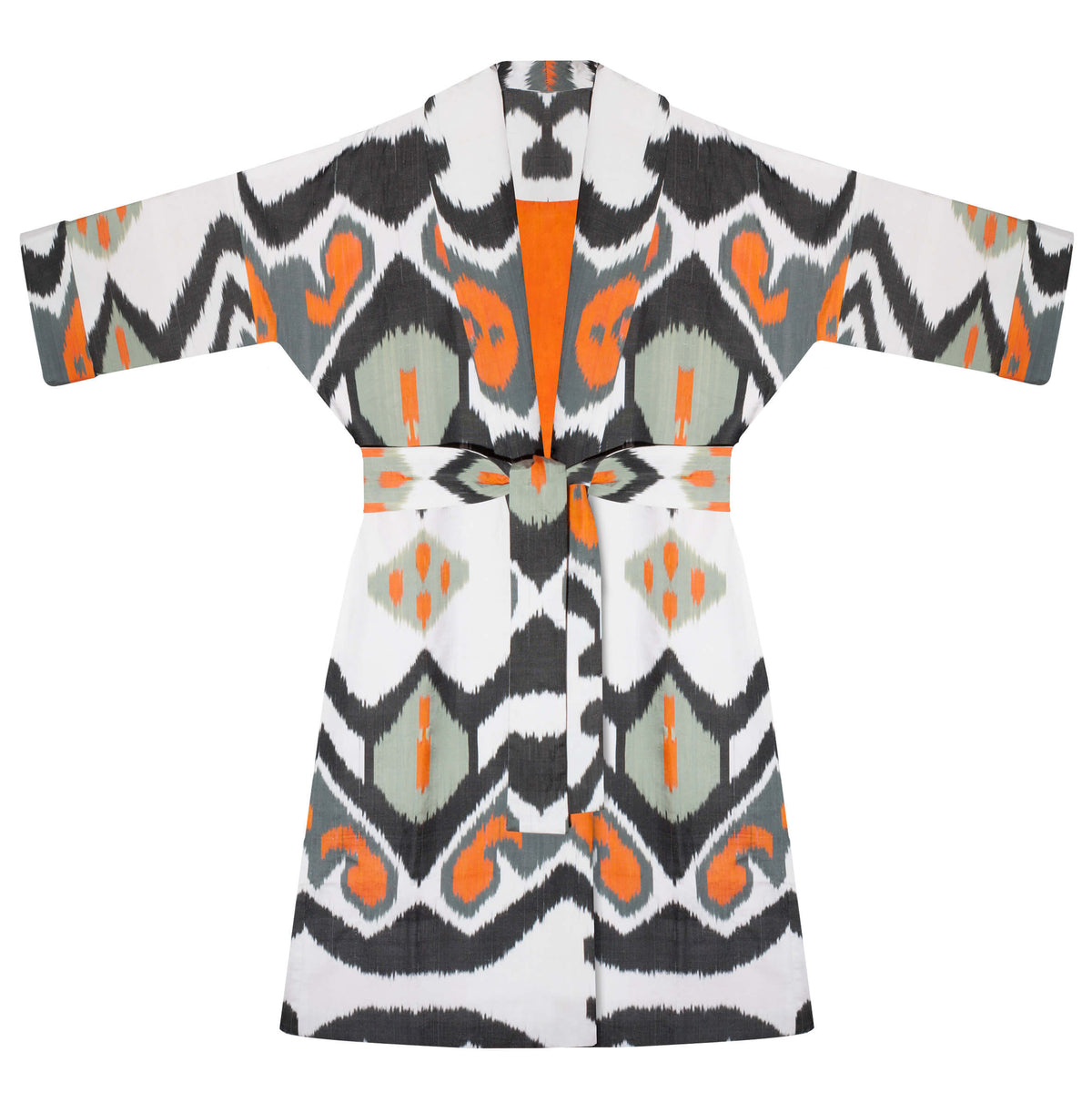Katharina silk coat full length front view with belt — Aleksandra Viktor sustainably handcrafted luxury ikat garment