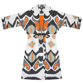 Katharina silk coat full length front view with belt — Aleksandra Viktor sustainably handcrafted luxury ikat garment